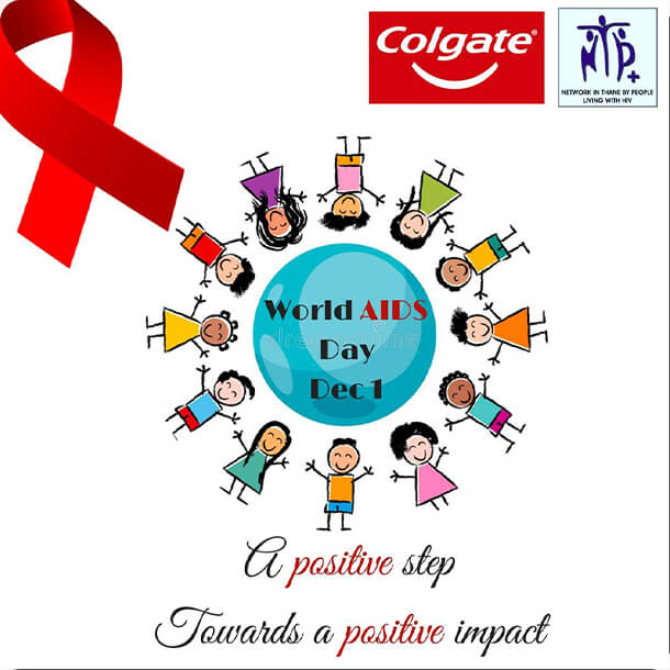 Colgate World AIDS Day Dec 1 poster with red ribbon and diverse illustrated figures holding hands in a circle around a globe.