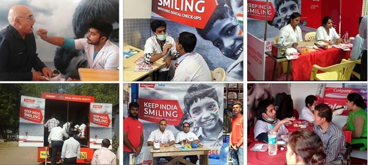 Grid of photos showing dentist check-ups and a mobile dental van during the Colgate Keep India Smiling free oral health campaign.